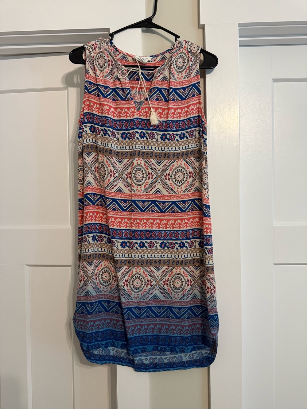 Sleeveless Bohemian Printed Dress in Coral, Blue & Cream